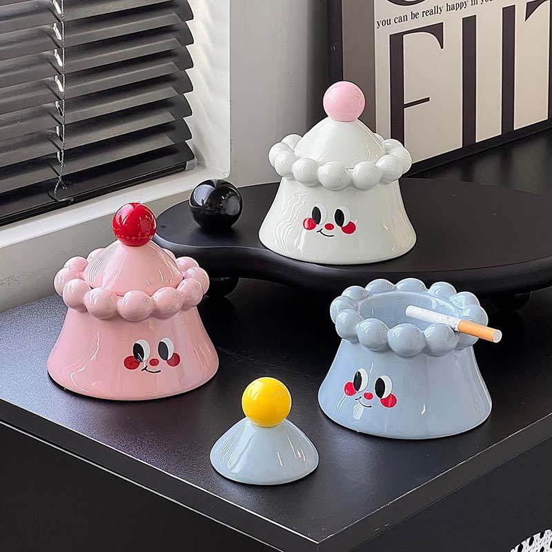 奶油风火山烟灰缸防飞灰带盖高级感陶瓷烟缸色釉工艺男生礼品