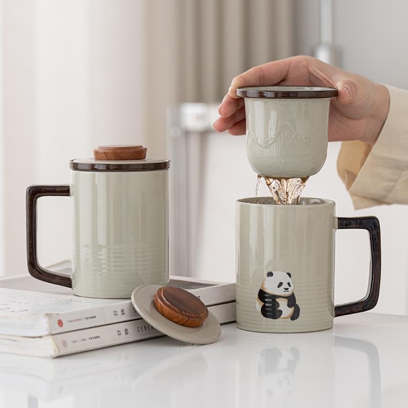 草木灰办公杯带盖子过滤陶瓷马克杯个人专用水杯茶水分离泡茶杯定