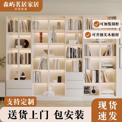 实木带玻璃门书柜定制整墙家用客厅一体展示柜加高防尘储物书柜