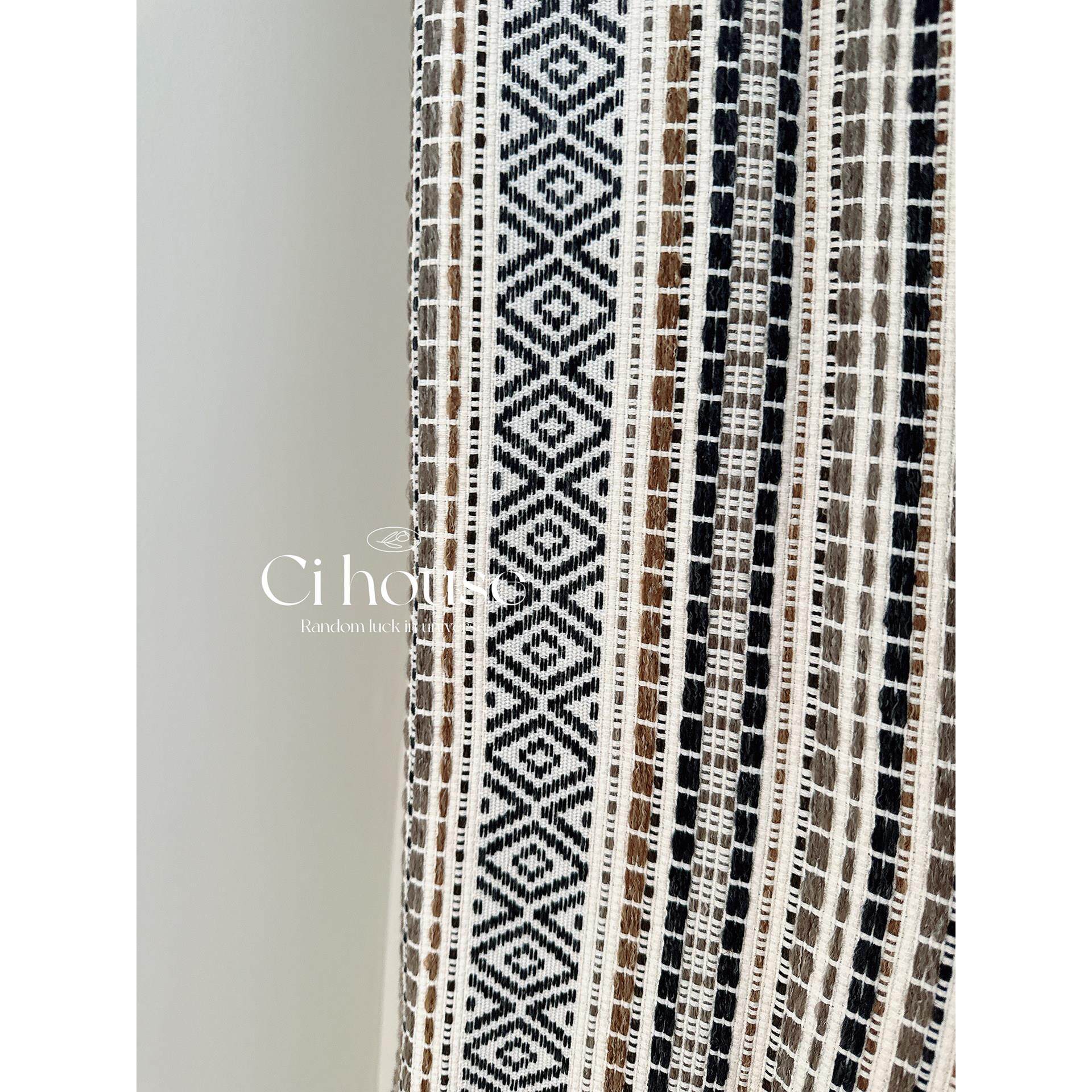 焦糖盒子线条覆古风设计师窗帘卧室客厅咖啡小众现代条纹棉麻中古