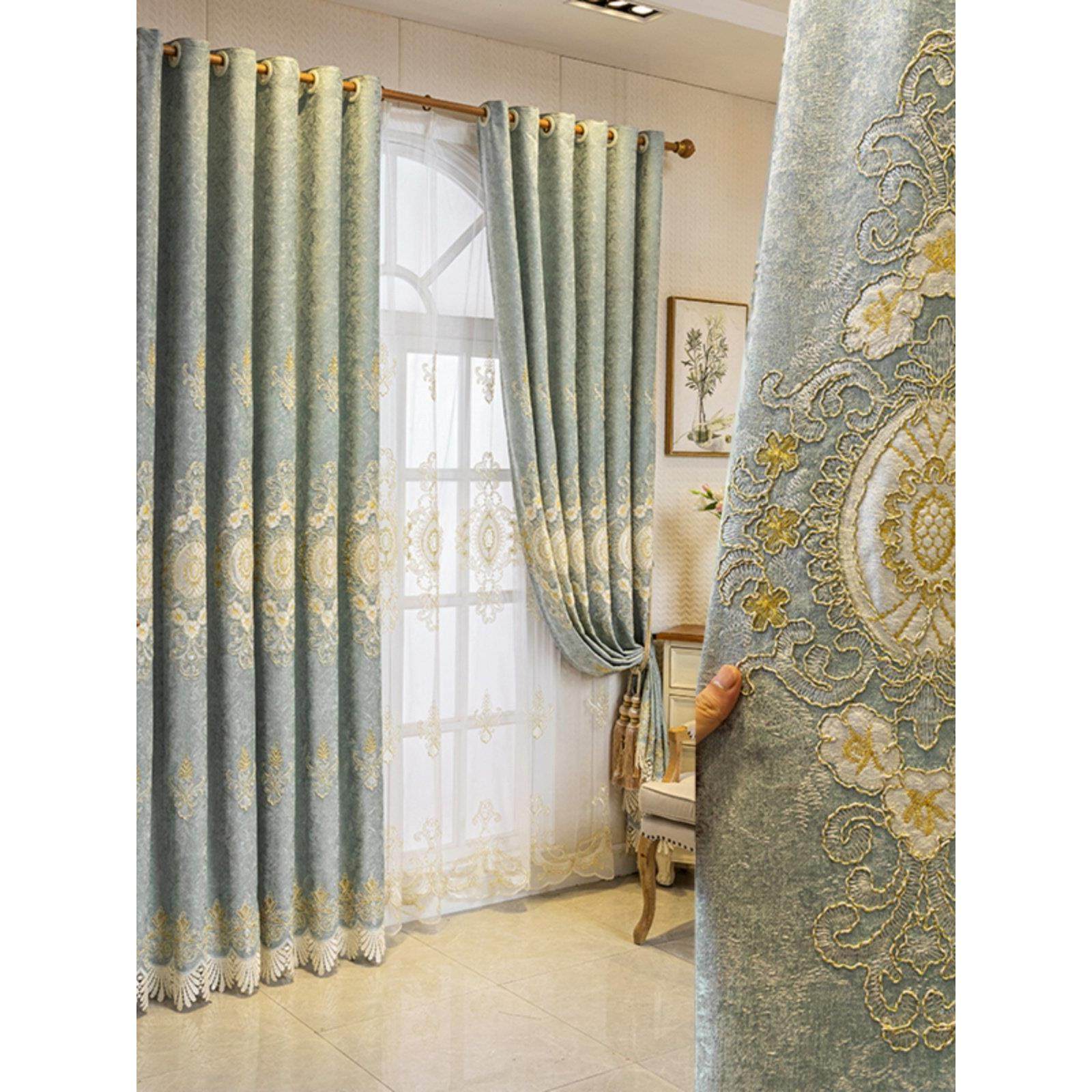 客厅窗帘窗纱高档大气欧式雪尼尔绣花加厚遮光卧室落地窗成品定制