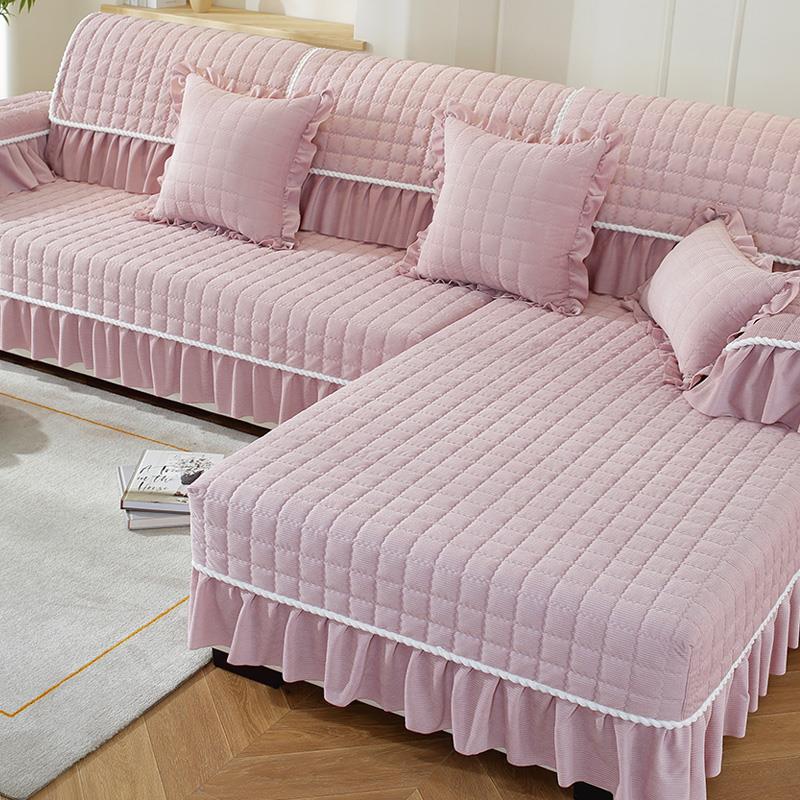 纯色沙发垫四季垫欧式防滑加厚粉色坐垫子高端套罩巾裙摆下摆花边