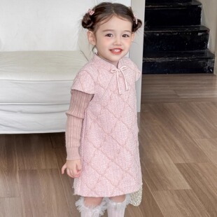 松韩屋（原创）童装女童2025年新款裙子女宝粉色小香风夹棉连衣裙