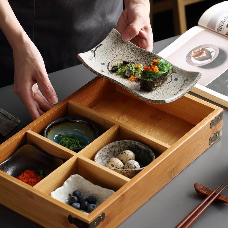日式创意餐具木质陶瓷组合餐餐盘厅用六宫格多木盒子TIR分格格多