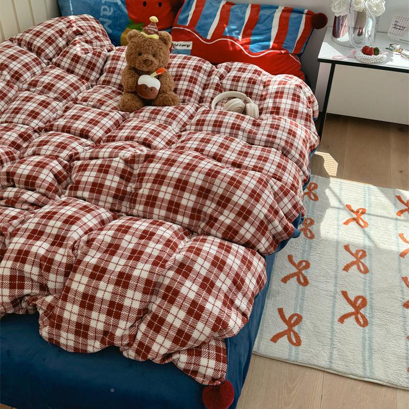 暖梨梦 复古红PNR格冬保加厚牛奶四件套床单季被绒套珊瑚绒床上用