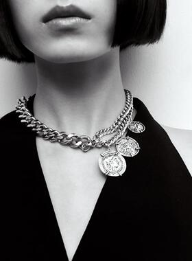 欧美金属链项链 创意小设N11583计感简约圆牌吊众条坠颈锁骨链首