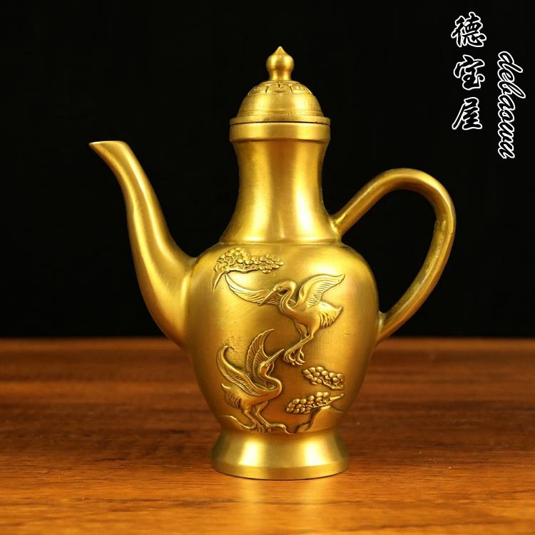 铜壶松鹤延年酒壶工艺品摆饰纯铜饭厅酒壶宴会家居婚庆铜酒壶铜器