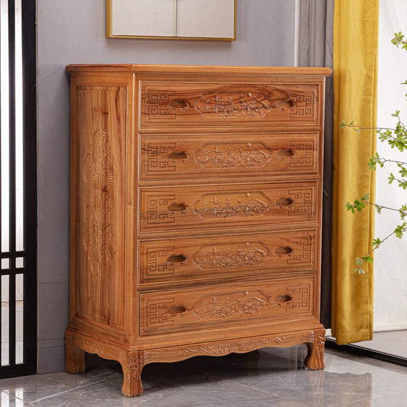 香樟木五斗柜全樟木雕花斗柜纯实木卧室柜子收纳柜斗柜抽屉收纳柜