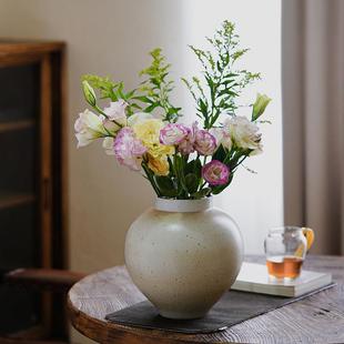 景德镇全手工粗陶花瓶复古绿陶瓷花瓶居家桌面客厅球形摆件工艺品