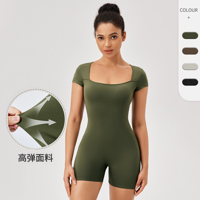 欧美紧身运动连体衣短袖女方领裸