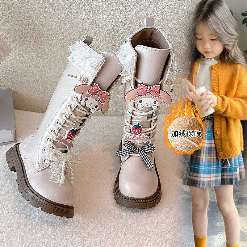 女童蕾丝加棉防滑长筒靴
