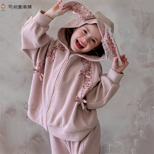 童装女童连帽卫衣套装2025秋冬儿童女宝宝可爱耳朵加厚衣服两件套
