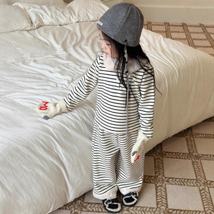 儿童条纹套装2025冬装新款女童羊羔毛拼接设计加绒长袖长裤两件套