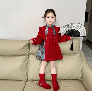 春节童装红色女童冬季新中式旗袍拜年服宝宝过年流苏领加绒连衣裙