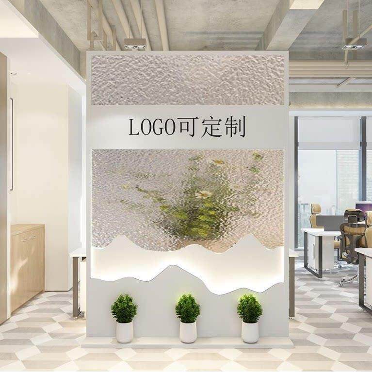 公司logo办公室铁艺屏风简约客饭厅玻璃隔断可移动前台背景Logo墙