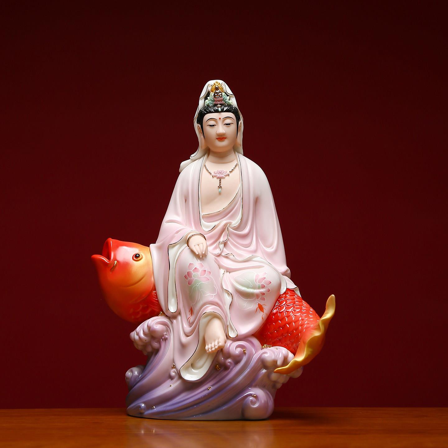 观音菩萨佛像摆件家用供奉德化陶瓷鱼龙观音开业乔迁南海观音神像
