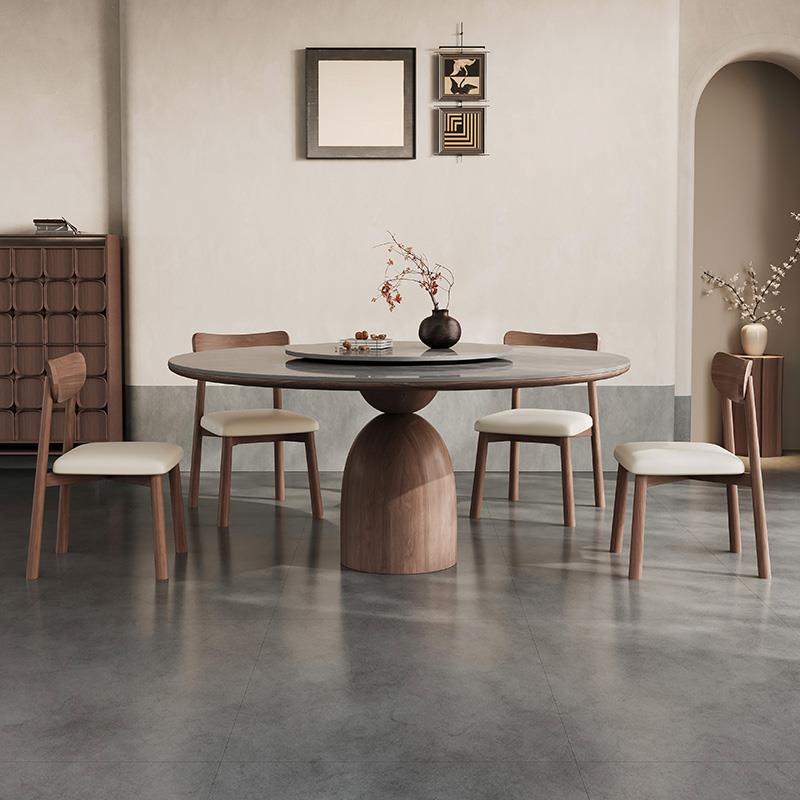 新款法式中古风实木餐桌椅组合圆形带转盘家用小户型轻奢岩板圆桌