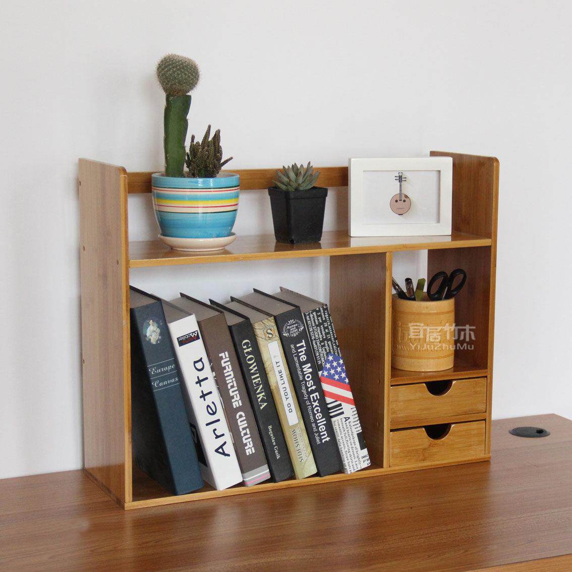 两层桌面带抽屉竹书架置物架实木简易创意办公二层桌上双层架包邮