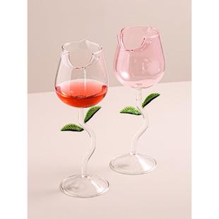 网红ins风创意玫瑰花红酒杯高档轻奢玻璃葡萄酒杯高脚杯套装