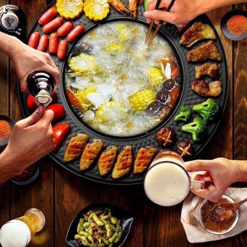 韩式火锅鸳鸯锅烤肉锅家用v不粘无烟烤盘多功能烤涮一体锅电热包