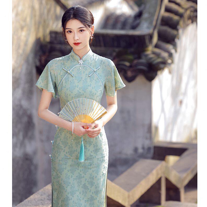 高级少女感气质复古小个子高端旗袍女改良小清新绿色年轻款民国风