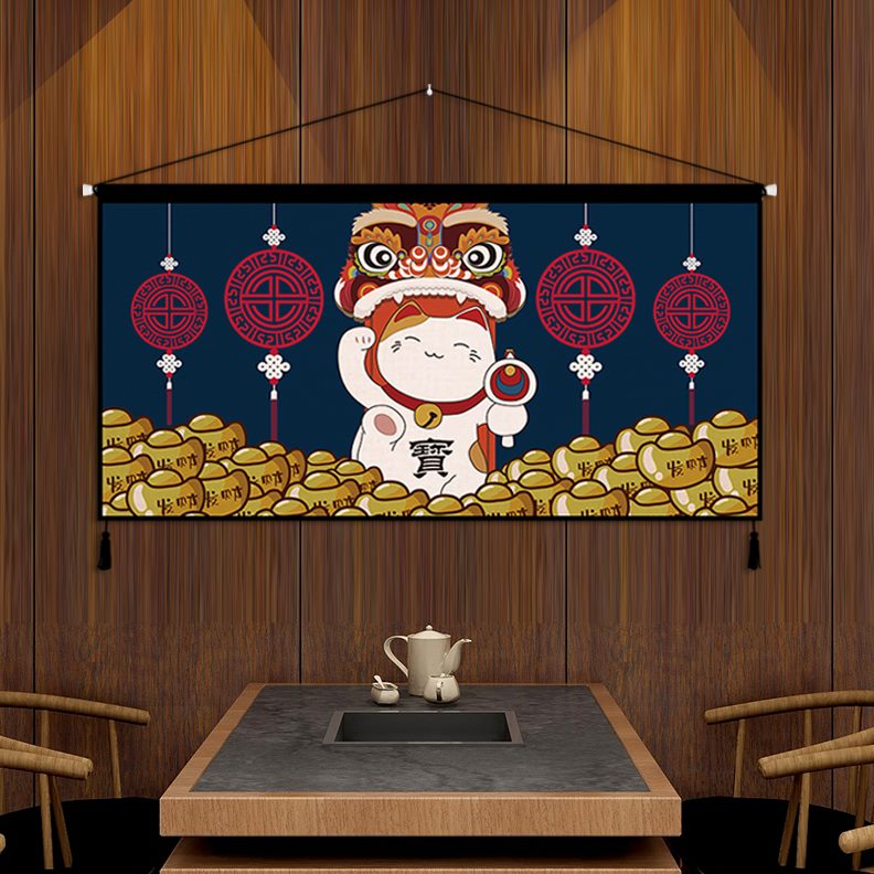 布艺横版床头挂画墙壁装饰招财猫背景布挂毯布画挂布墙布日式客厅图片