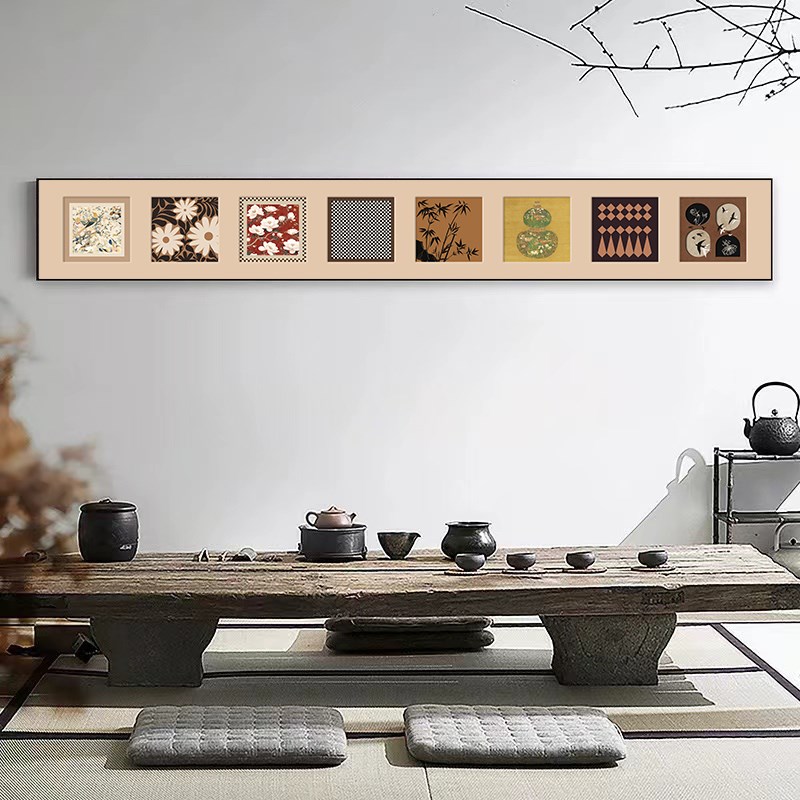 复古轻奢抽象花卉植物几何客厅中古风植物装饰画长条卧室床头挂画图片