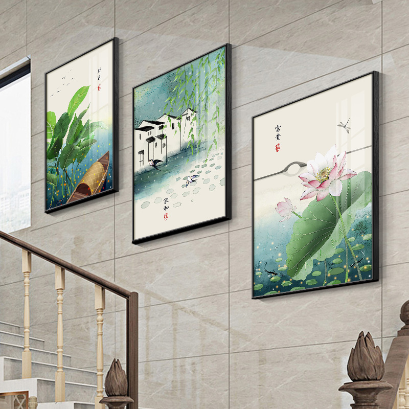 楼梯间墙面装饰画新中式客厅沙发三联画复式楼道挂画走廊过道壁画图片