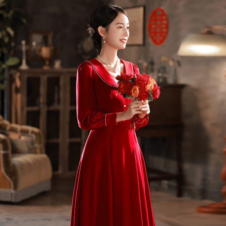 年会酒红色小礼服长袖订婚连衣裙气质遮肚子宴会红裙敬酒服新娘女