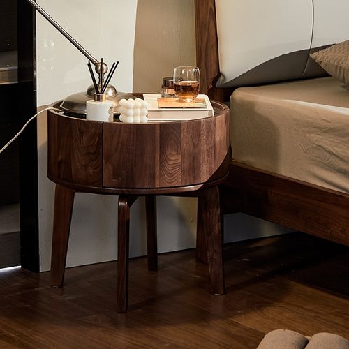 意式极简创意岩板圆形卧室床头柜北美黑胡桃木全实木床边柜储物柜