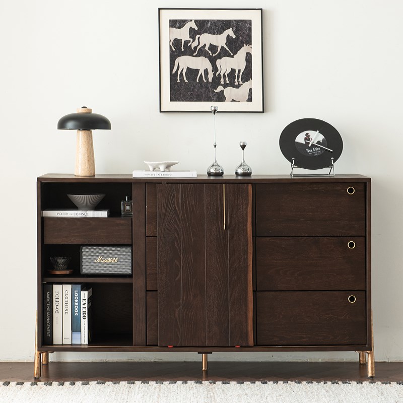 北欧表情实木餐边柜复古风玄关柜移门储物柜做旧V烟熏色收纳边柜