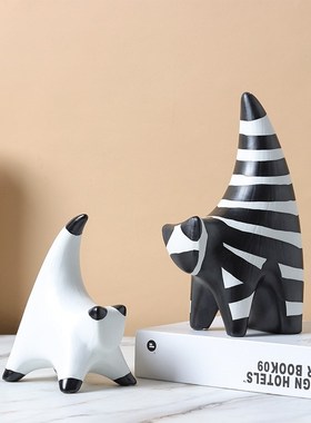 现简约黑白异形抽象小猫陶瓷摆件软G装饰品摆件创意陶瓷样板间