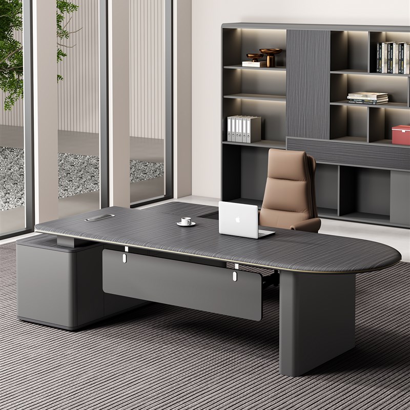 【高档】吸塑办公桌老p板桌轻奢高级感简约现代总裁桌椅组合大班