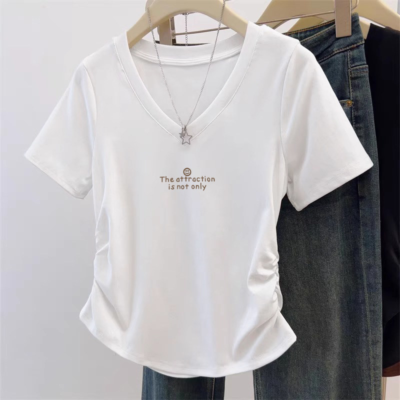 夏季新款v领正肩短袖T恤女装修身气质显瘦百搭短款褶皱上衣