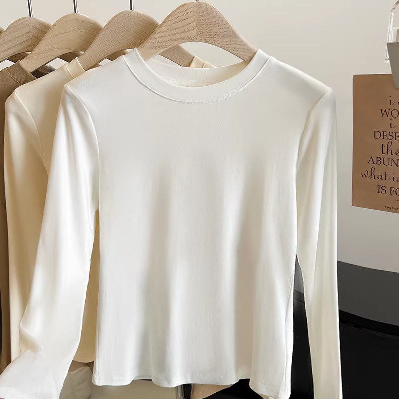 美式2026春秋新款修身圆领基础纯色百搭长袖打底衫女白色T恤上衣