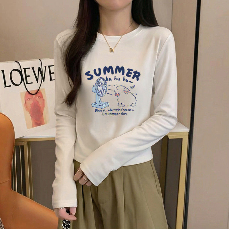 白色正肩长袖t恤女早春季新款纯棉显瘦内搭辣妹短款洋气减龄上衣