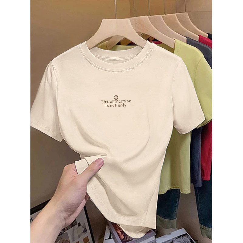 2025新款夏短袖t恤女时尚简约印花美式正肩宽松显瘦短款上衣