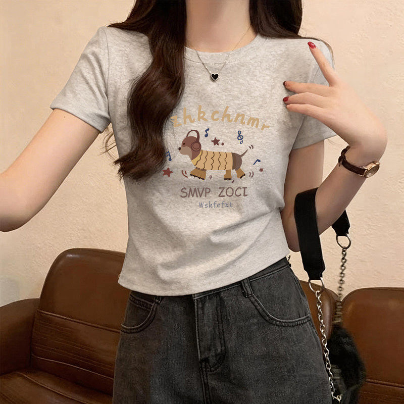 正肩短袖T恤女2026夏季新款杏灰色百搭显瘦短款小个子体恤上衣服