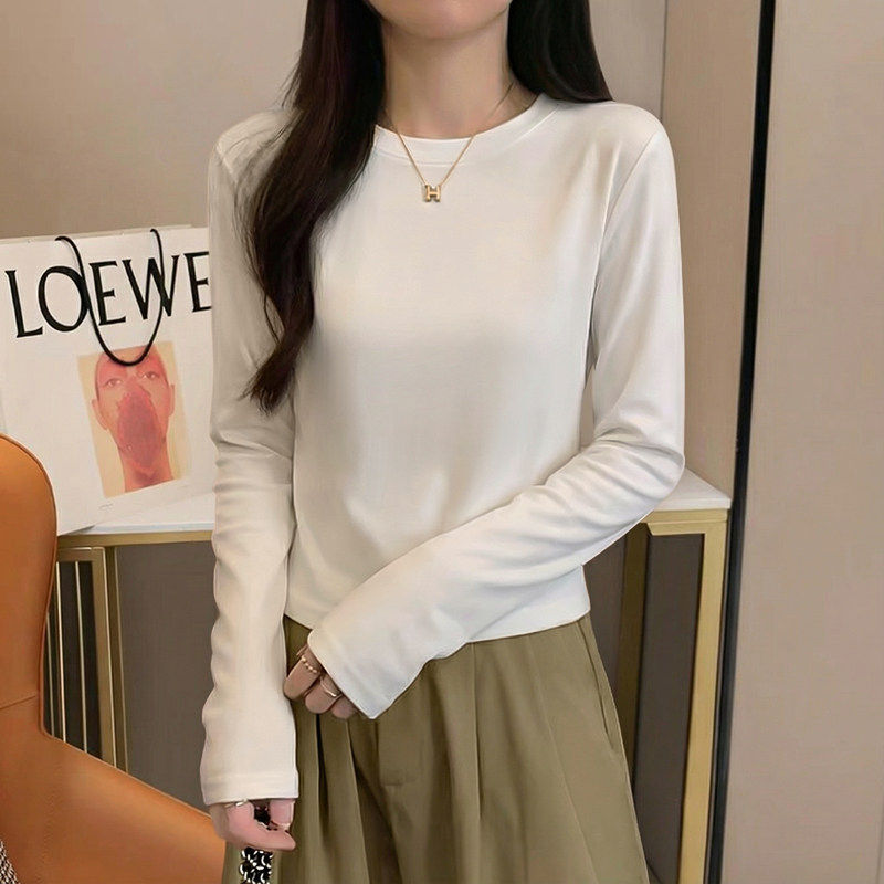 纯棉白色圆领长袖t恤打底衫女内搭春秋季新款外穿短款高腰上衣
