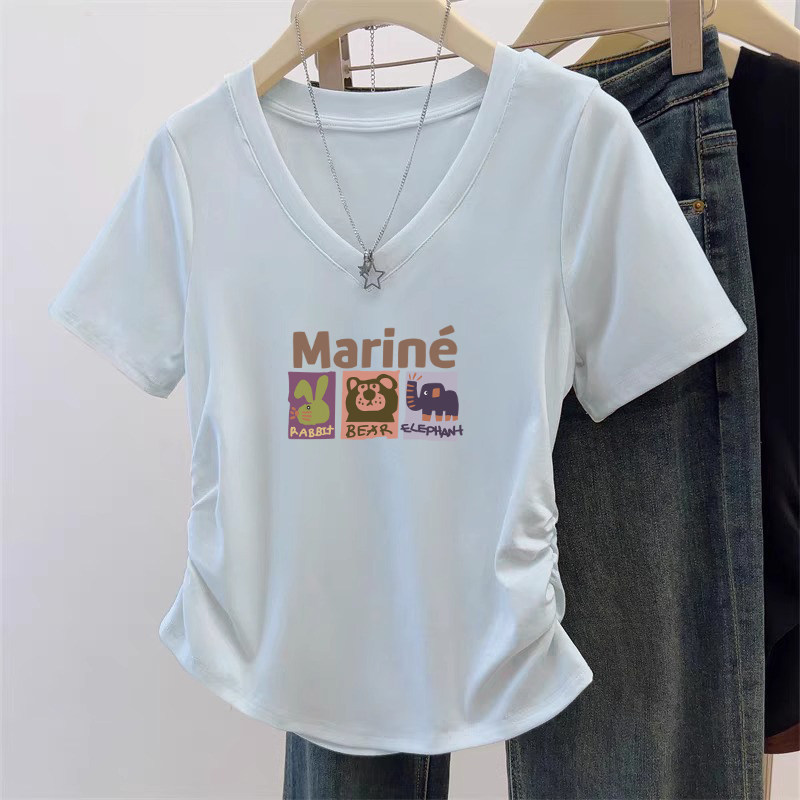 夏季新款正肩V领短袖t恤女装韩系修身减龄洋气褶皱短款上衣