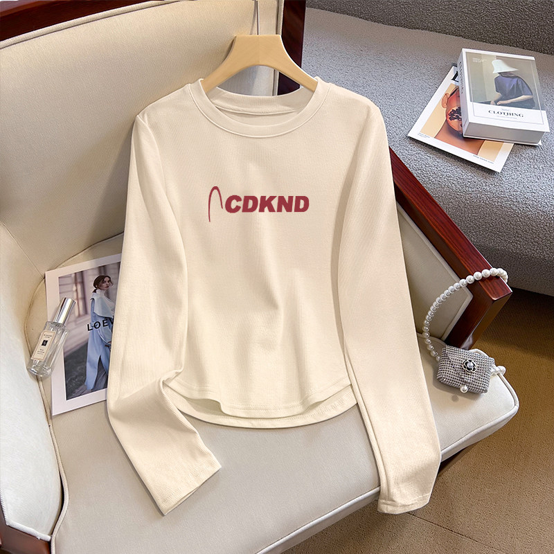 圆领t恤女上衣秋冬不规则下摆独特小个子正肩修身辣妹长袖打底衫