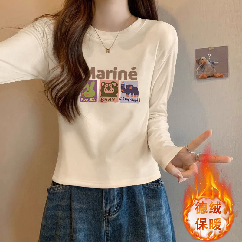 正肩白色长袖t恤打底衫女内搭2026秋冬爆款双面德绒保暖短款上衣