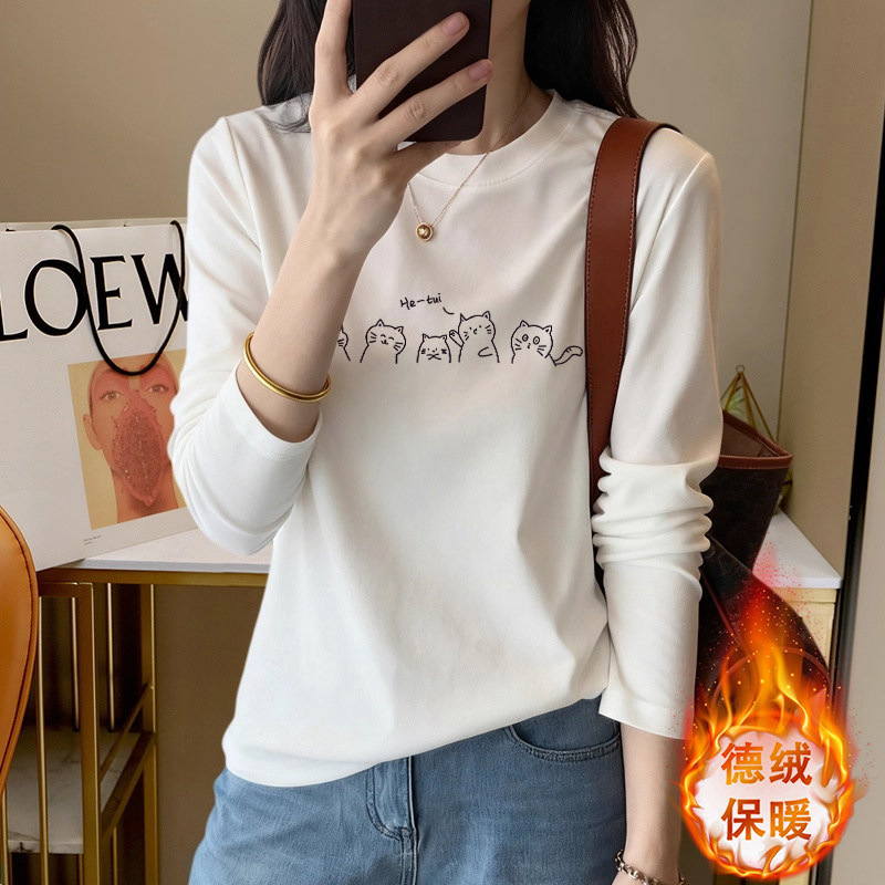 秋冬季加绒加厚打底衫女德绒高级感内搭长袖T恤正肩大码宽松上衣