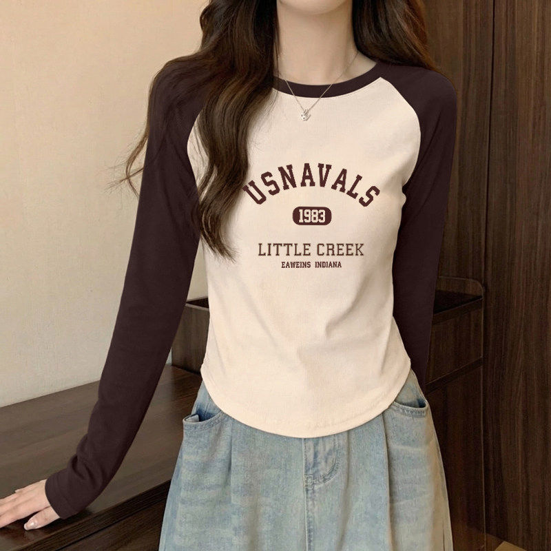 美式插肩纯棉长袖T恤女拼接2026新款复古显瘦内搭正肩打底衫上衣