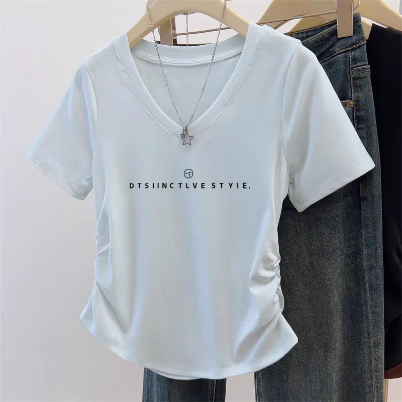 夏季正肩t恤女装v领短袖褶皱设计感多巴胺穿搭短款小众上衣