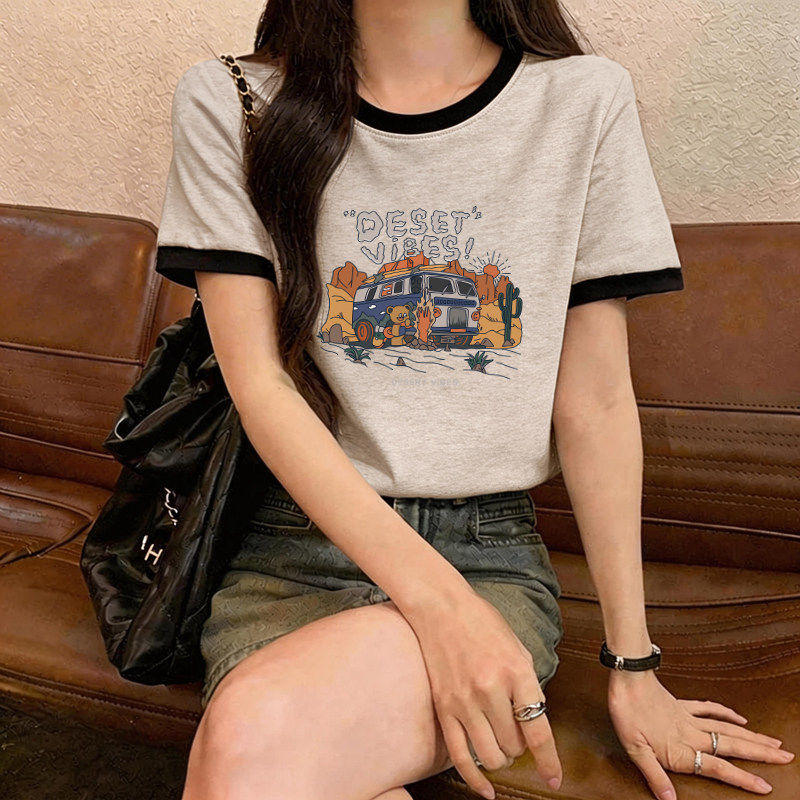 纯棉短袖t恤女2026夏季新款爆款正肩设计感美式印花宽松半袖上衣