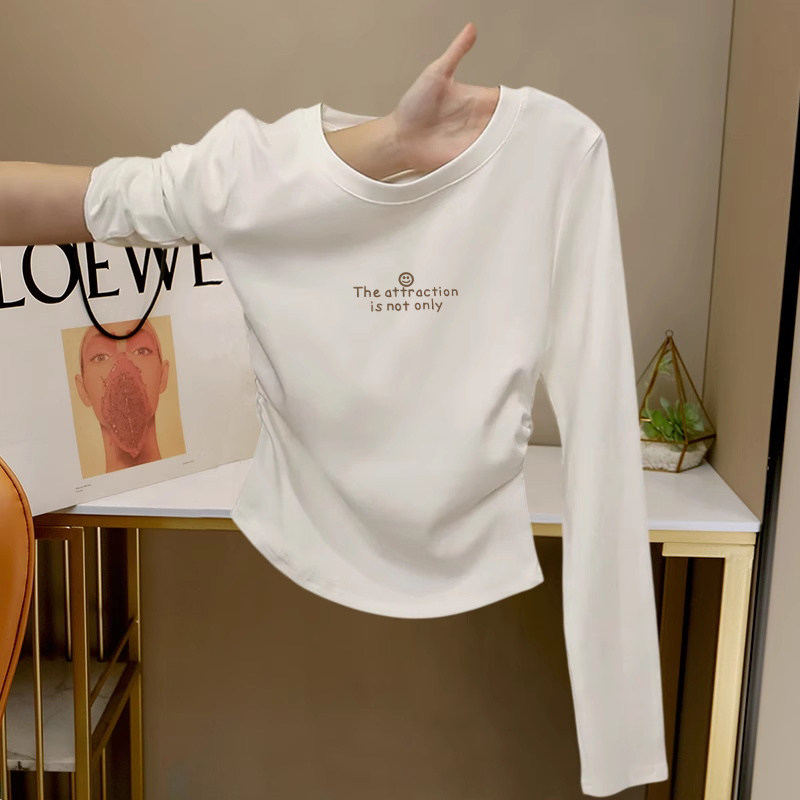 设计感小众褶皱收腰正肩长袖t恤女装2026早秋新款洋气短款打底衫