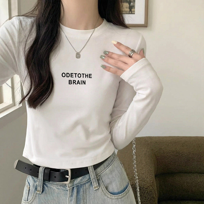 白色辣妹短款设计感小众纯棉长袖T恤女春秋新款圆领正肩内搭上衣