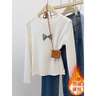 白色圆领双面德绒长袖T恤打底衫女秋冬西装内搭加厚保暖短款上衣