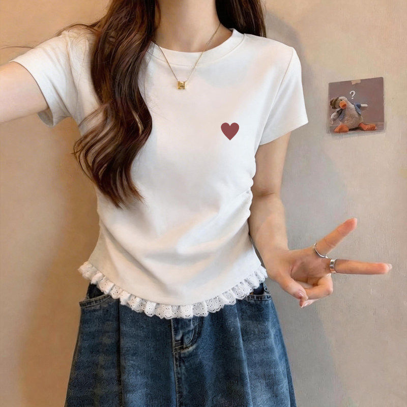 正肩显瘦短袖t恤女夏季设计感甜辣妹修身小个子短款蕾丝拼接上衣
